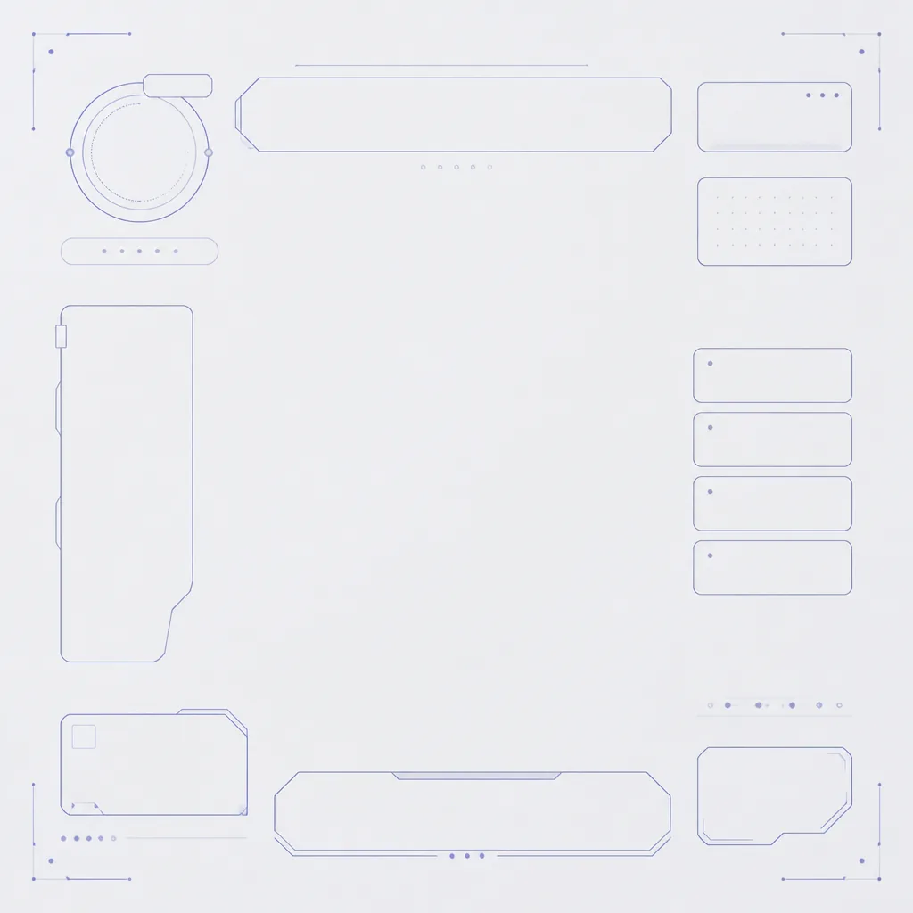 Abstract wireframe of a game HUD with thin indigo lines and floating panels marked up for a UI audit